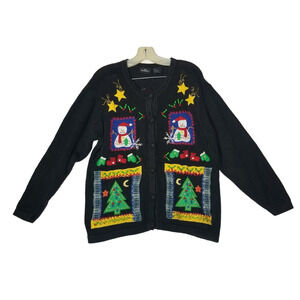 One Resource Womens Ugly Christmas Tree Sweater Cardigan Snowman Large
